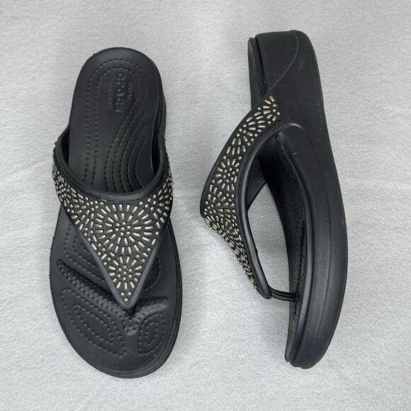 Crocs Wedge Sandals Black Monterey Diamante Womens Sz 7 Studded Platform Thong - Picture 3 of 10